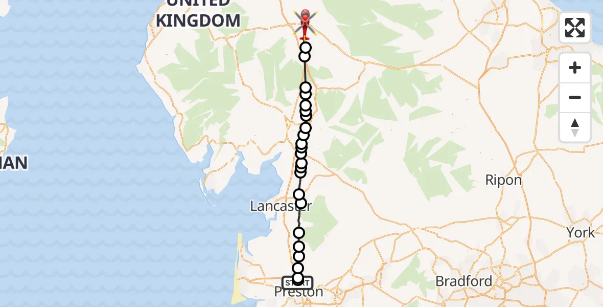 Flight route Air Ambulance Helicopter Royal Preston - Brougham, 14 July 2026, 11:32