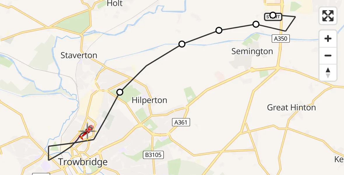 Flight route Air Ambulance Helicopter Wiltshire Air Ambulance - Trowbridge, 14 July 2026, 11:35