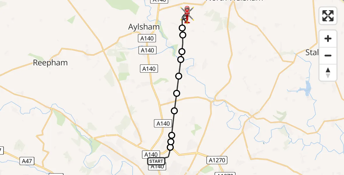 Flight route Air Ambulance Helicopter Norwich Airport - Felmingham, 14 July 2026, 11:36