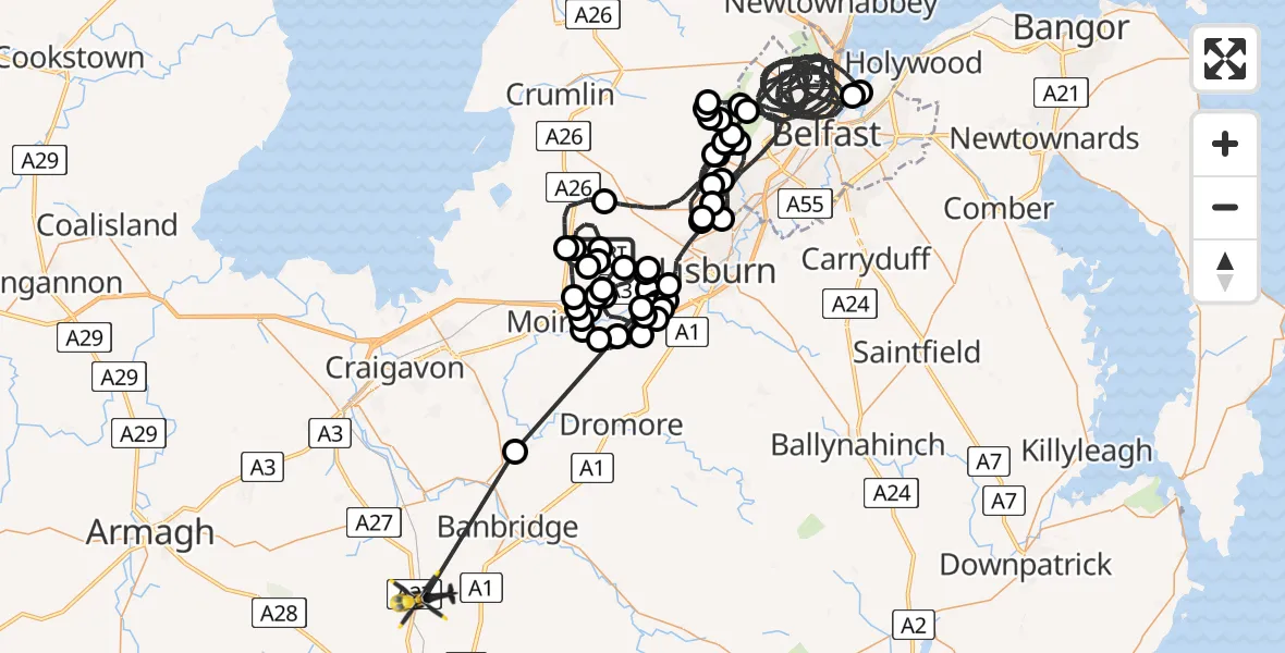 Flight route Police Helicopter Maghaberry - Armagh City, Banbridge and Craigavon District Council, 14 July 2026, 11:54