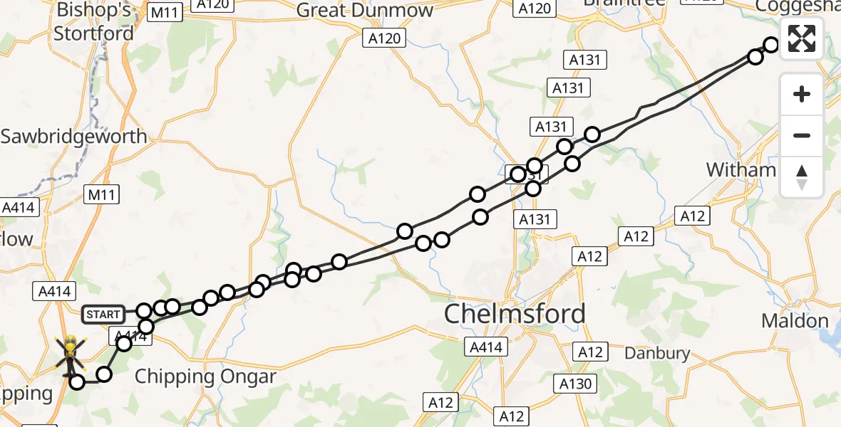 Flight route Police Helicopter North Weald Bassett - North Weald Airfield, 14 July 2026, 12:02