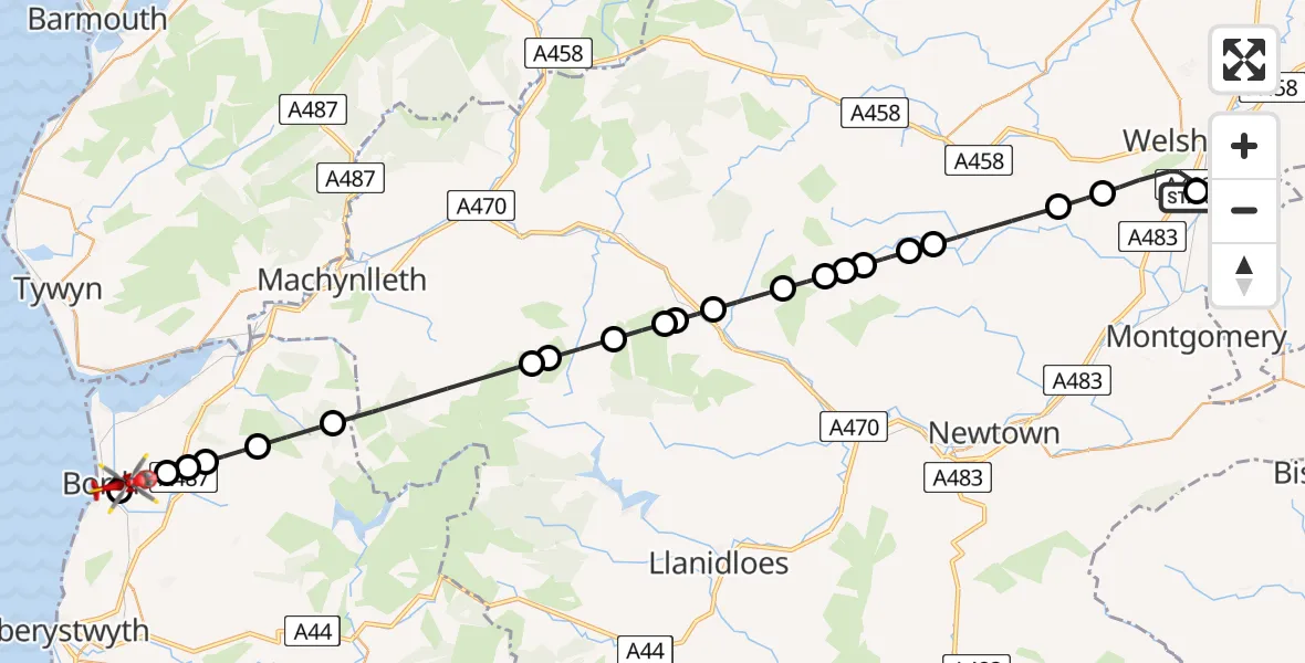 Flight route Air Ambulance Helicopter Welshpool Airport - Borth, 14 July 2026, 12:10