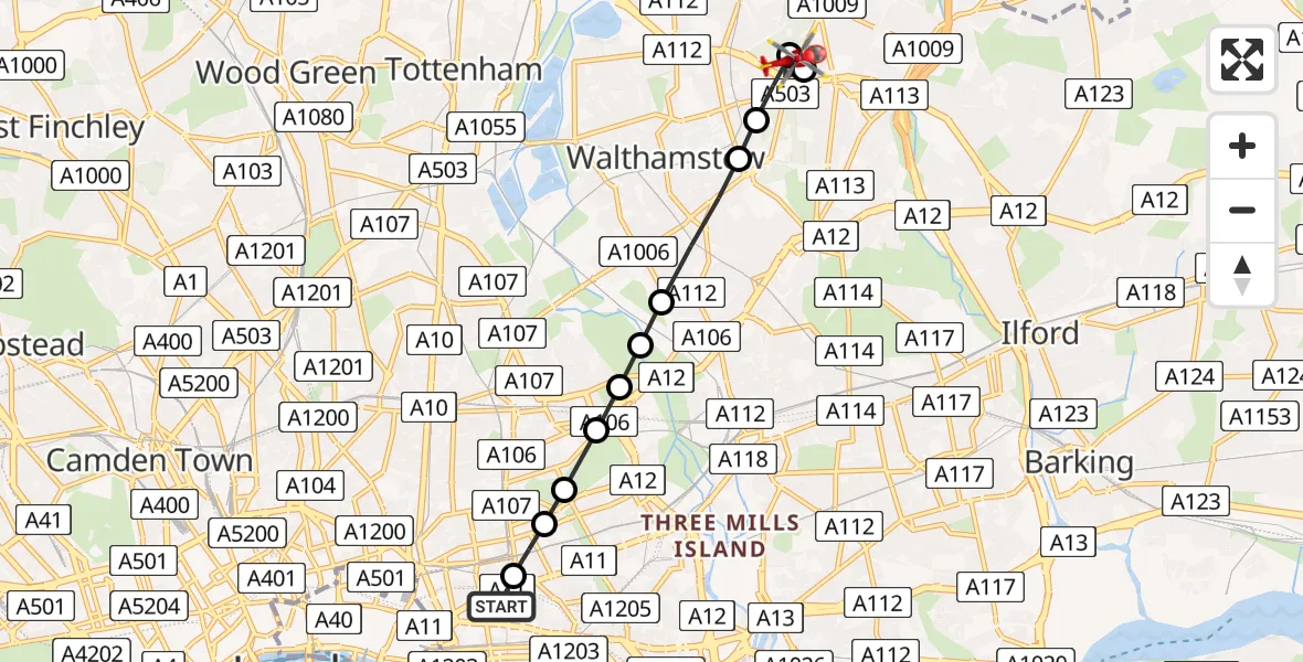 Flight route Air Ambulance Helicopter Royal London Hospital - South Woodford, 14 July 2026, 12:11