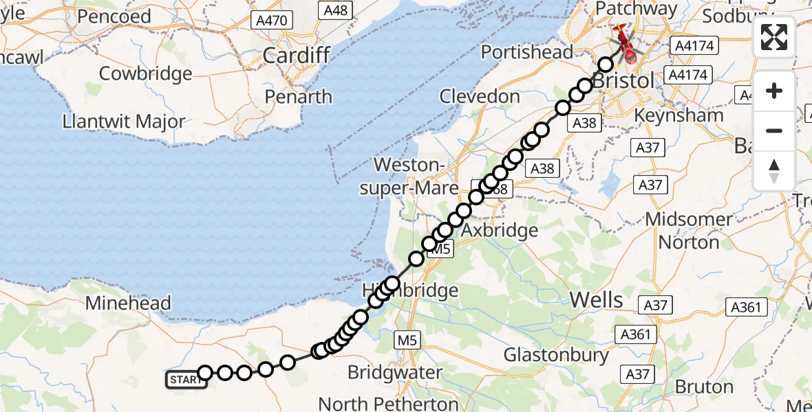 Flight route Air Ambulance Helicopter Old Cleeve - Bristol, 14 July 2026, 12:11