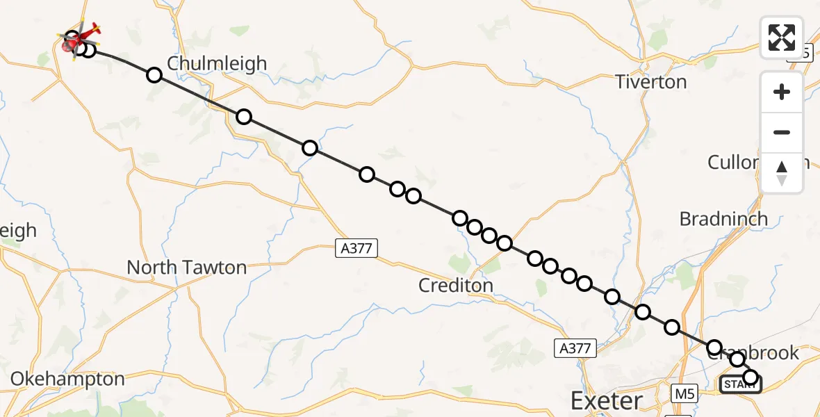 Flight route Air Ambulance Helicopter Exeter International Airport - Eaglescott Airfield, 14 July 2026, 12:14