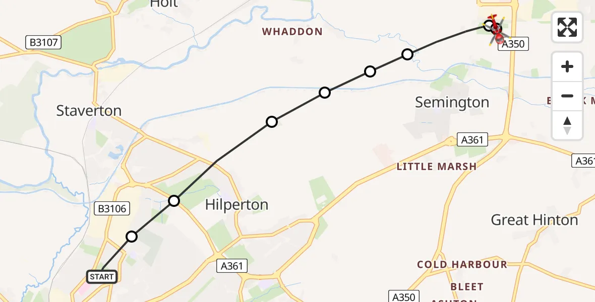 Flight route Air Ambulance Helicopter Trowbridge - Wiltshire Air Ambulance, 14 July 2026, 12:14