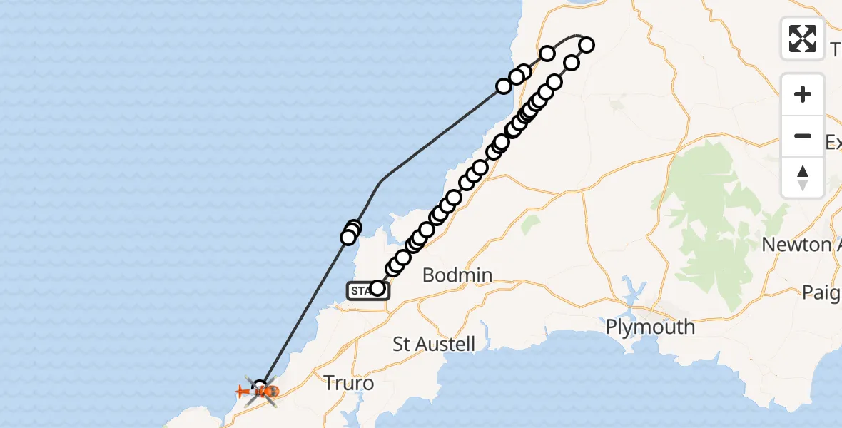 Flight route Coastguard Helicopter Cornwall Airport Newquay - Camborne, 14 July 2026, 12:20
