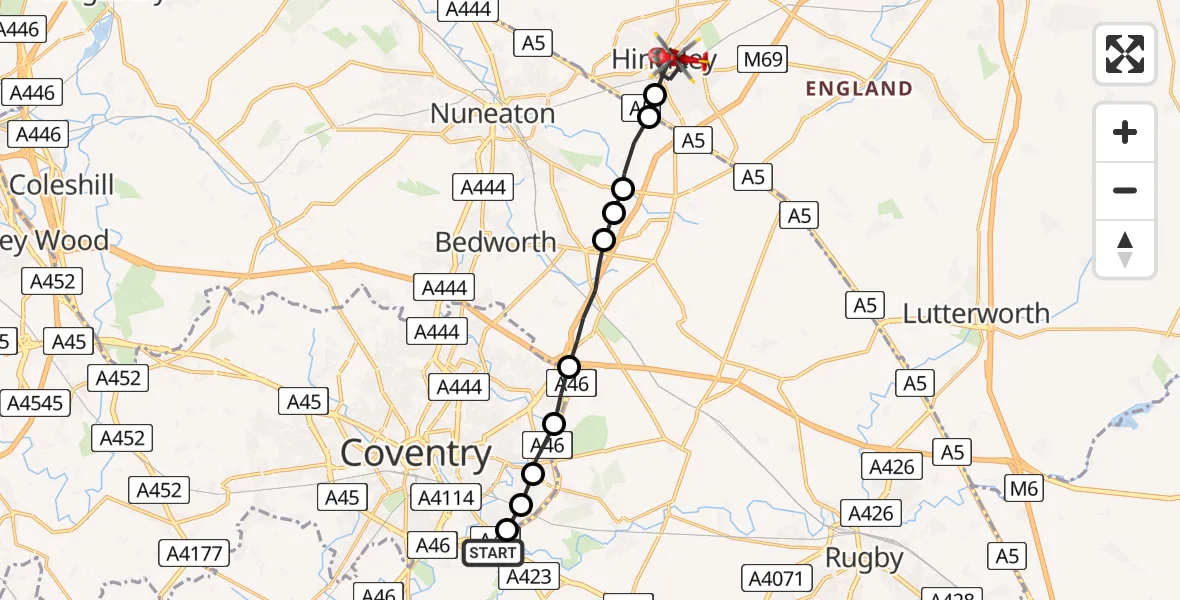 Flight route Air Ambulance Helicopter Coventry Airport - Hinckley, 14 July 2026, 12:24