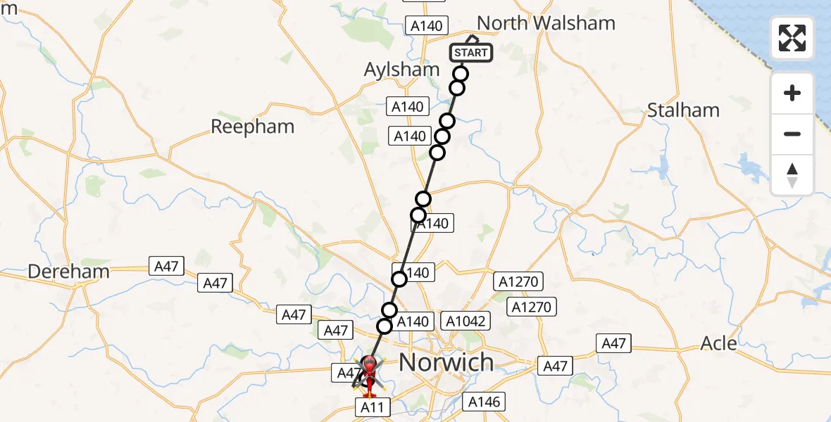 Flight route Air Ambulance Helicopter Felmingham - Norfolk & Norwich Hospital, 14 July 2026, 12:25
