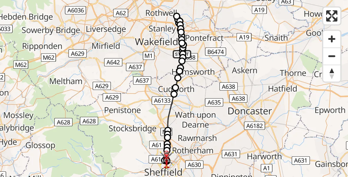 Flight route Air Ambulance Helicopter YAA Nostell Helicopter Port - Sheffield Northern Hospital, 14 July 2026, 12:27