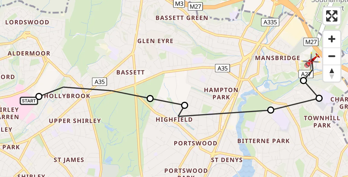 Flight route Air Ambulance Helicopter University Hospital Southampton - Mansbridge, 14 July 2026, 12:29