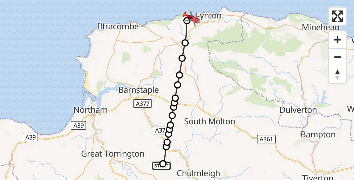 Flight route Air Ambulance Helicopter Eaglescott Airfield - Martinhoe, 14 July 2026, 12:32