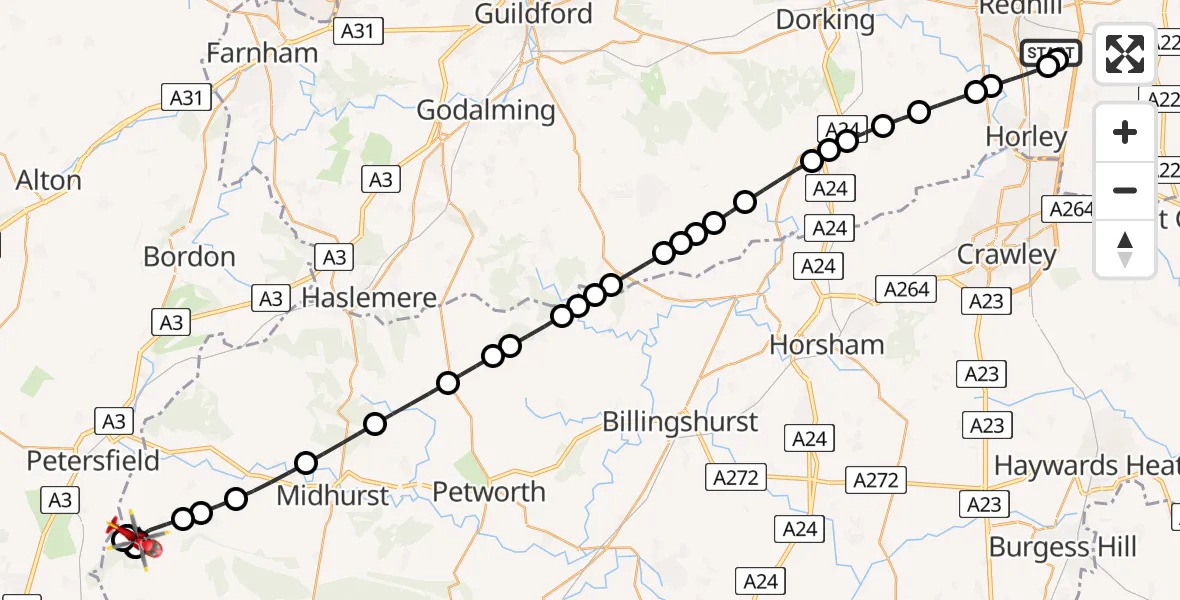 Flight route Air Ambulance Helicopter Redhill Aerodrome - Chichester, 14 July 2026, 12:35