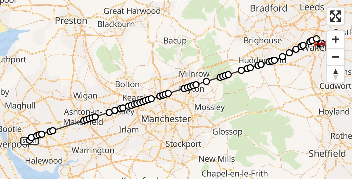 Flight route Air Ambulance Helicopter Knotty Ash - Stanley, 14 July 2026, 12:47