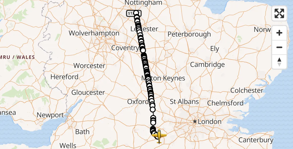 Flight route Police Aircraft East Midlands Airport - Blackbushe Airport, 14 July 2026, 12:53