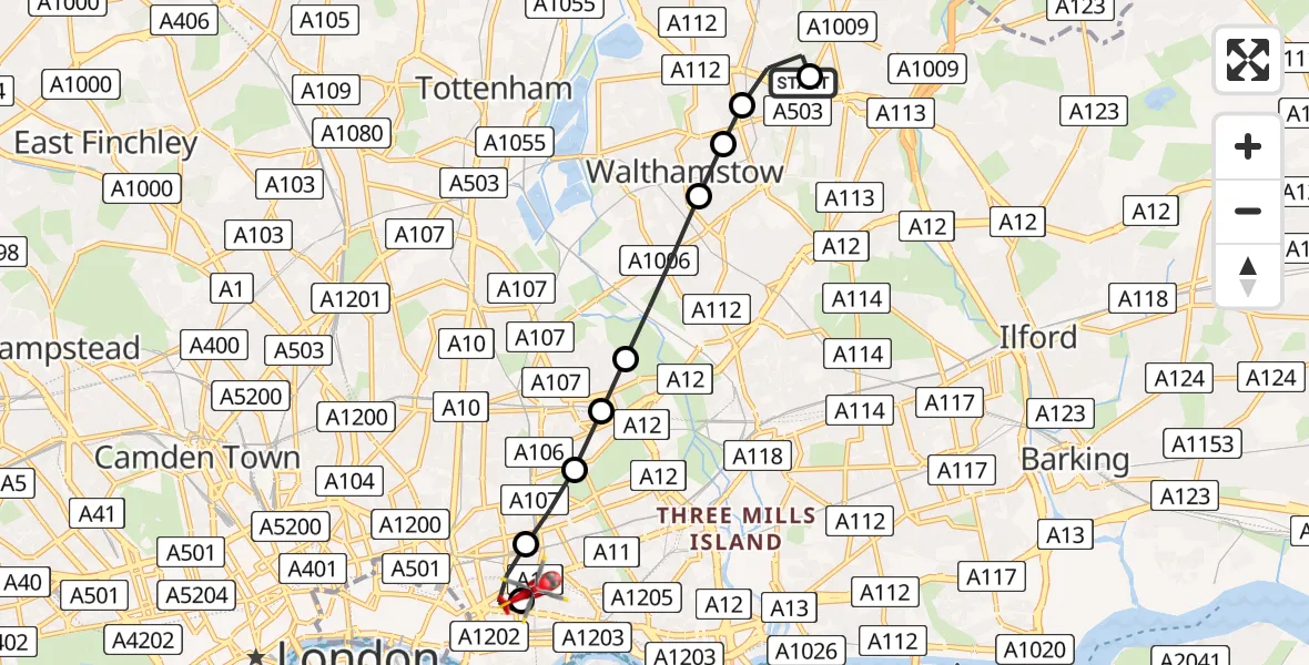 Flight route Air Ambulance Helicopter Hale End - Royal London Hospital, 14 July 2026, 12:56