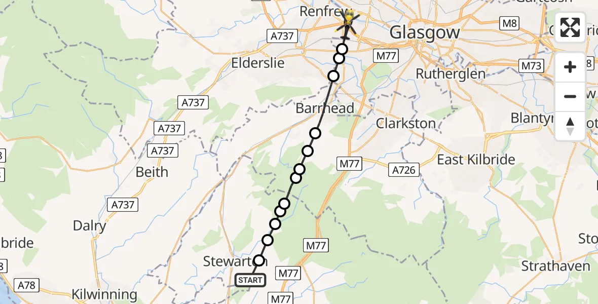 Flight route Police Helicopter Kilmarnock - Renfrew, 14 July 2026, 13:00