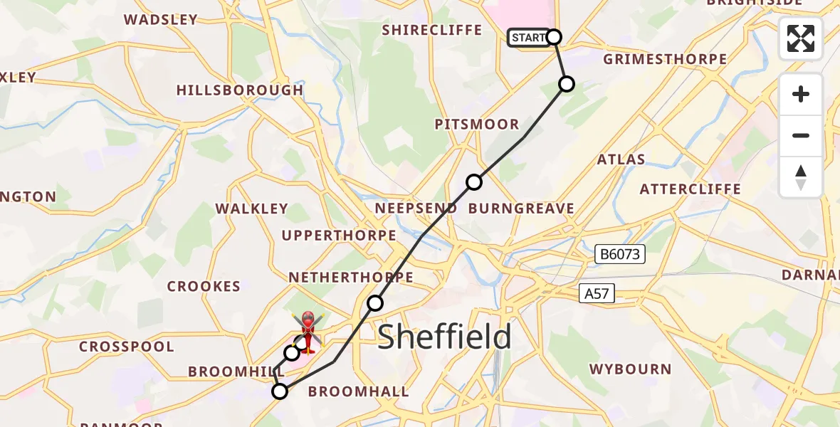 Flight route Air Ambulance Helicopter Sheffield Northern Hospital - Sheffield Childrens Hospital, 14 July 2026, 13:02