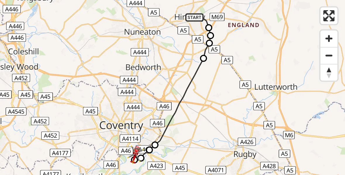 Flight route Air Ambulance Helicopter Hinckley - Coventry Airport, 14 July 2026, 13:07