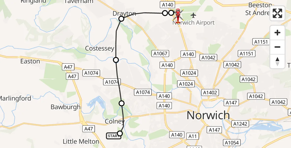 Flight route Air Ambulance Helicopter Norfolk & Norwich Hospital - Norwich Airport, 14 July 2026, 13:13