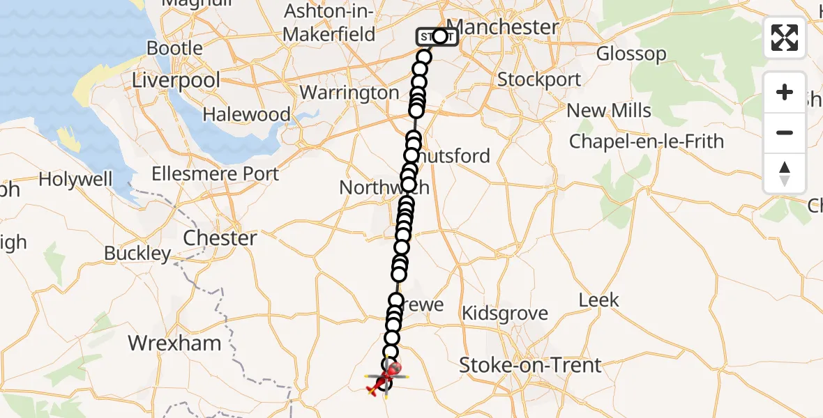 Flight route Air Ambulance Helicopter Manchester Barton Aerodrome - Audlem, 14 July 2026, 13:14