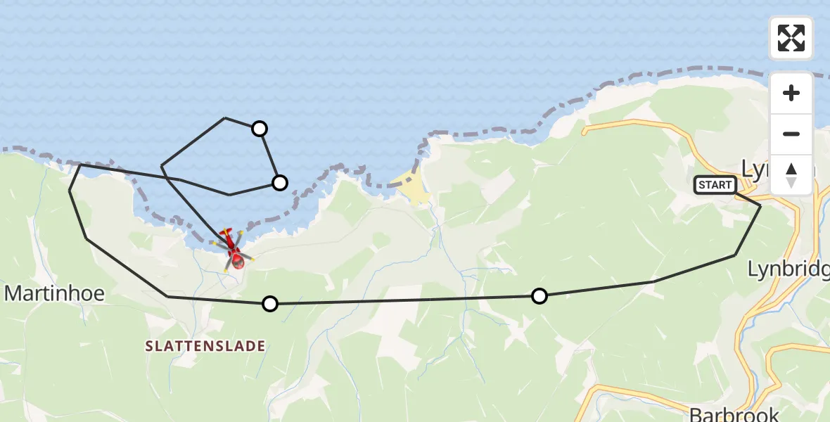 Flight route Air Ambulance Helicopter Lynton - Martinhoe, 14 July 2026, 13:18