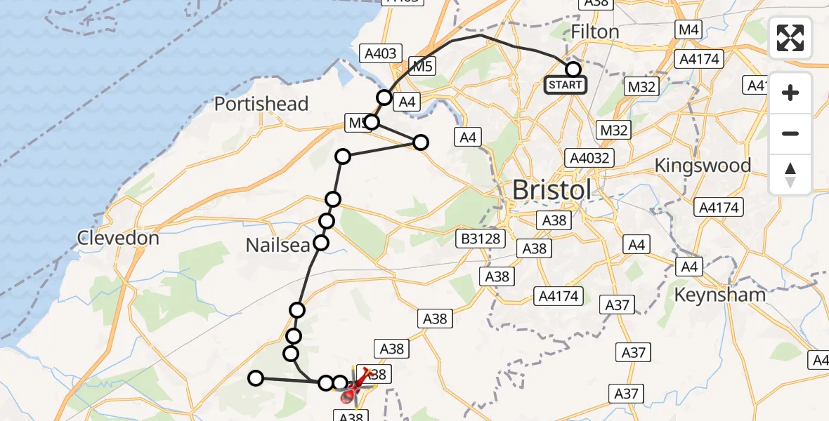 Flight route Air Ambulance Helicopter Southmead Hospital - Bristol Airport, 14 July 2026, 13:21