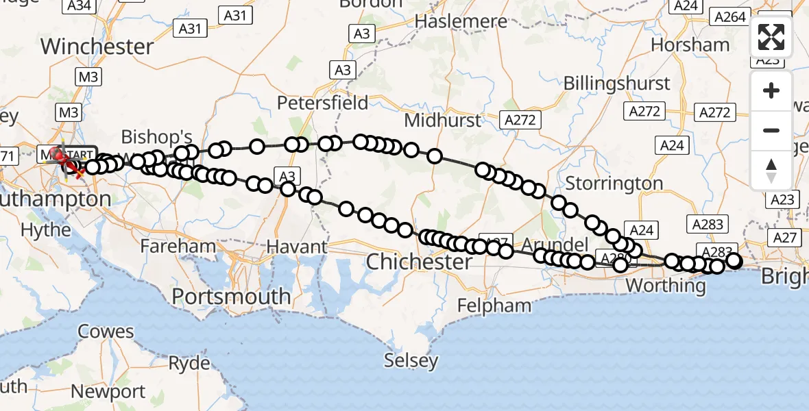 Flight route Air Ambulance Helicopter Eastleigh - Mansbridge, 14 July 2026, 13:21