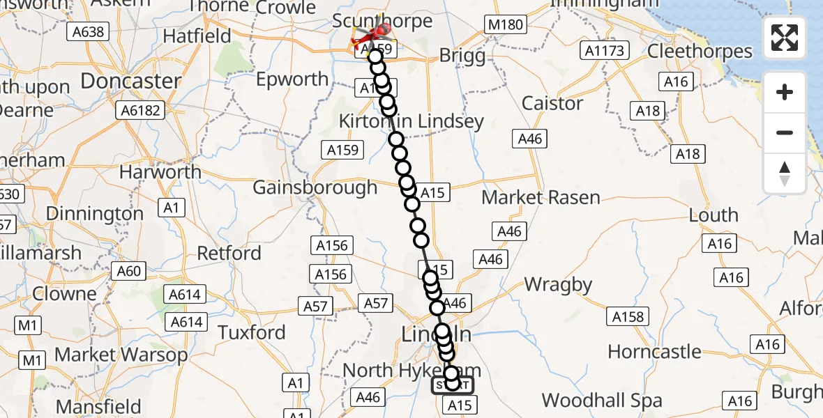 Flight route Air Ambulance Helicopter RAF Waddington - Scunthorpe, 14 July 2026, 13:24