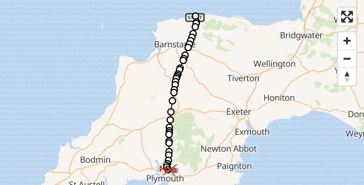 Flight route Air Ambulance Helicopter Martinhoe - Derriford Hospital, 14 July 2026, 13:25