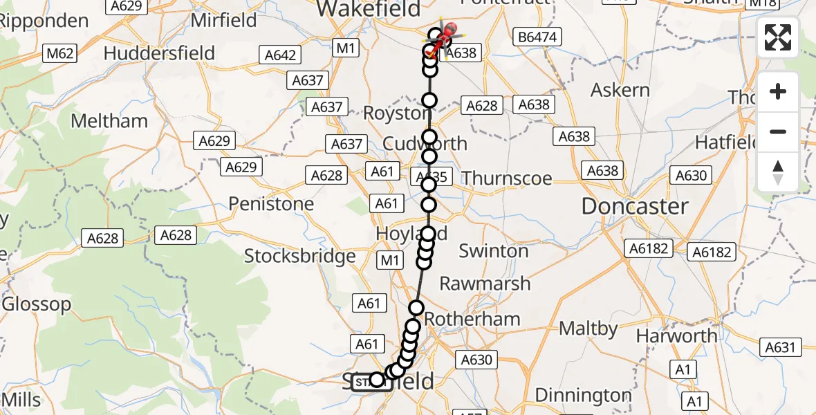 Flight route Air Ambulance Helicopter Sheffield Childrens Hospital - YAA Nostell Helicopter Port, 14 July 2026, 13:28