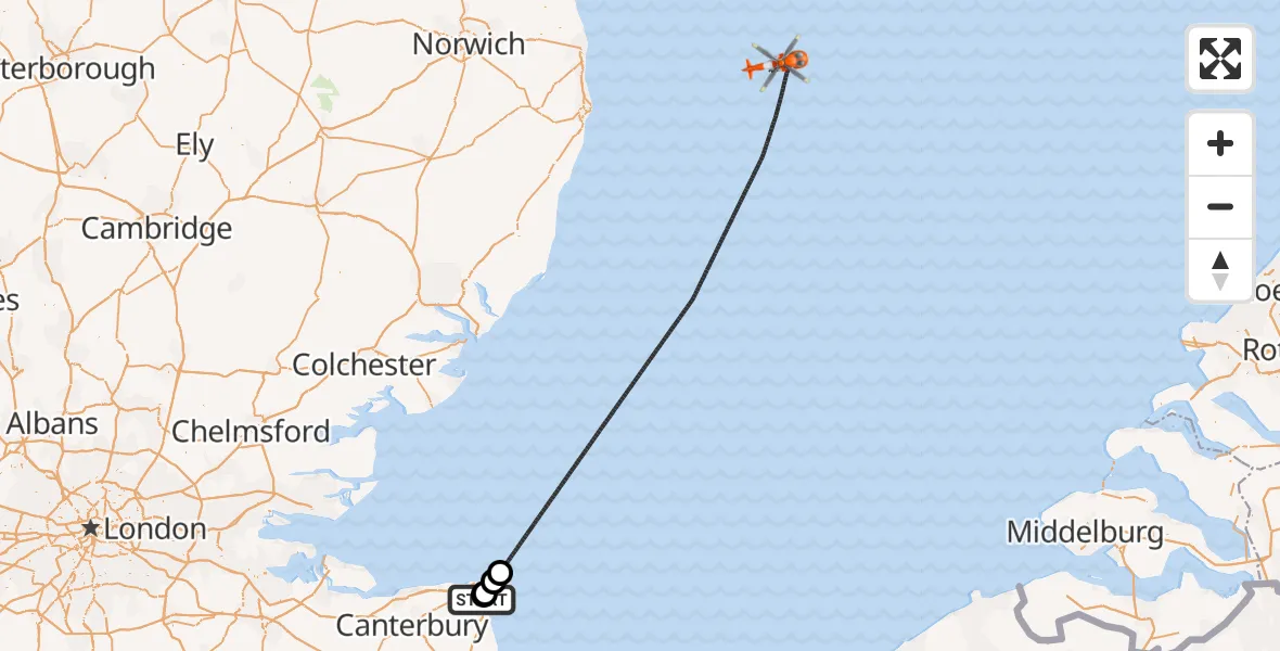 Flight route Coastguard Helicopter Manston Airport - North Sea, 14 July 2026, 13:33