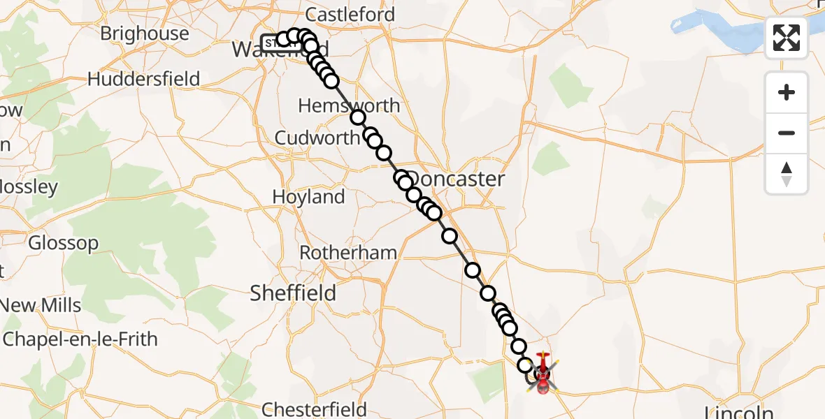Flight route Air Ambulance Helicopter Newton Hill - Retford Gamston Airport, 14 July 2026, 13:40
