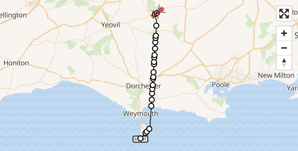 Flight route Air Ambulance Helicopter Portland - Henstridge Airfield, 14 July 2026, 13:42