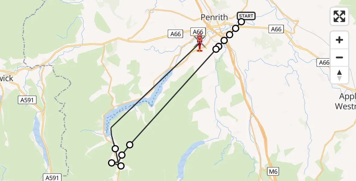 Flight route Air Ambulance Helicopter Penrith - Stainton, 14 July 2026, 13:43