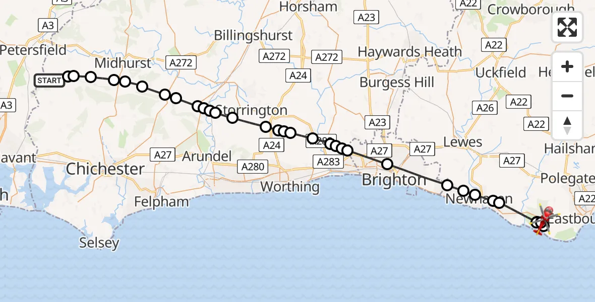 Flight route Air Ambulance Helicopter South Harting - Friston, 14 July 2026, 13:45
