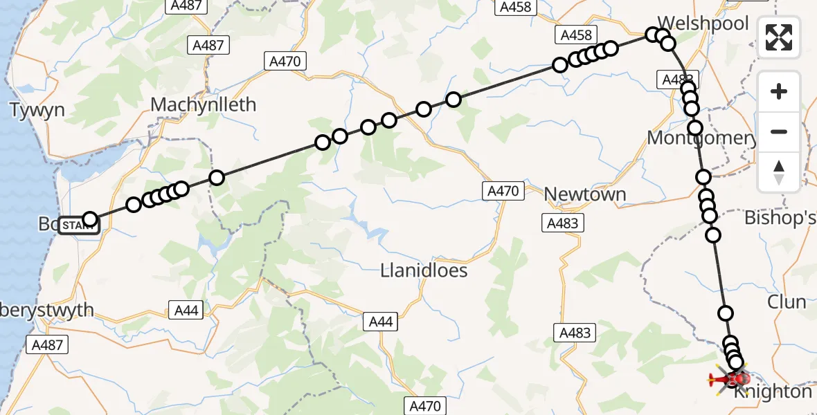 Flight route Air Ambulance Helicopter Borth - Knucklas, 14 July 2026, 13:51
