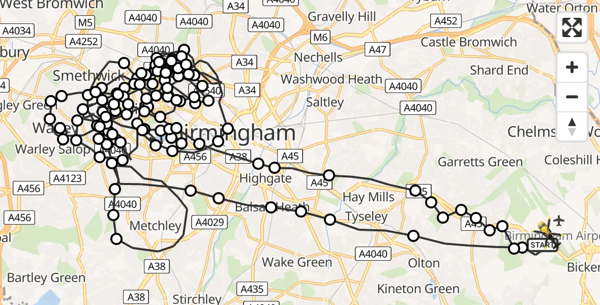 Flight route Police Helicopter Birmingham Airport - Birmingham Airport, 14 July 2026, 13:57