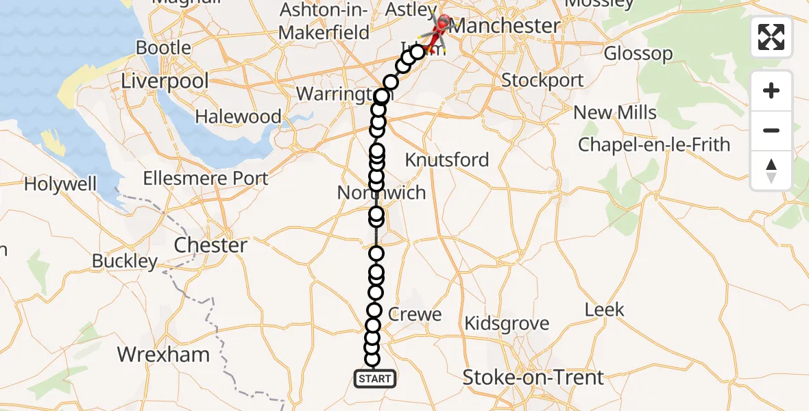 Flight route Air Ambulance Helicopter Coole Pilate - Irlam, 14 July 2026, 13:58