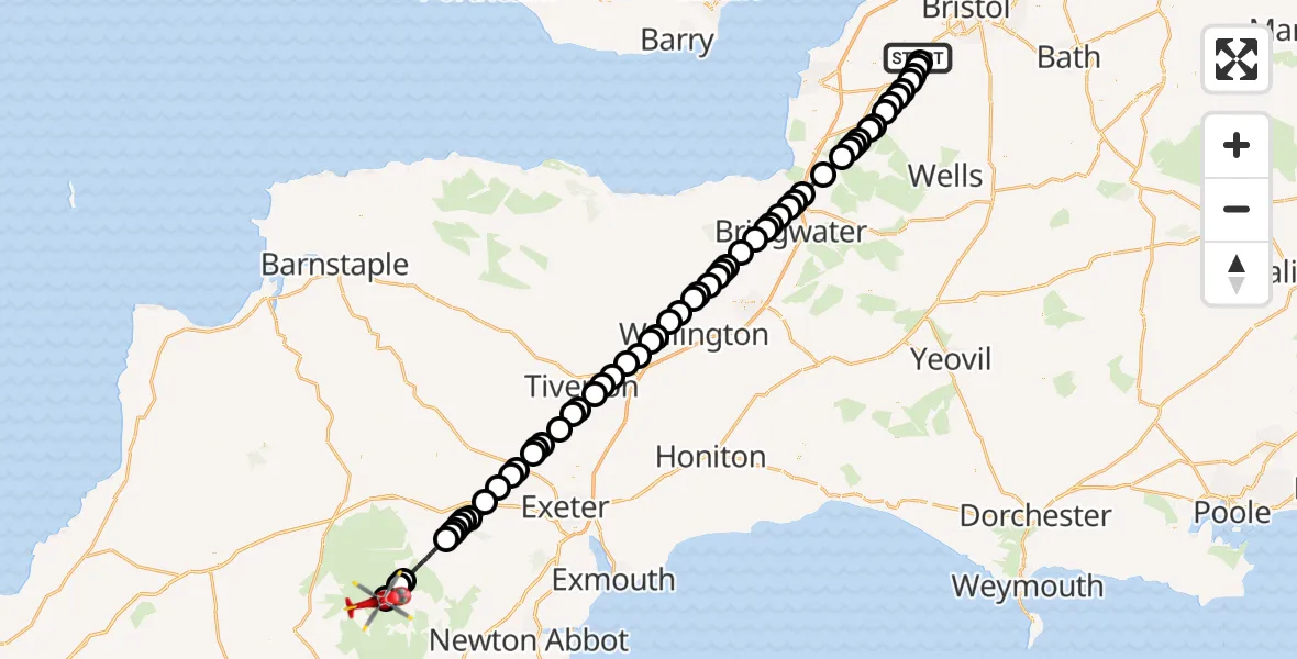 Flight route Air Ambulance Helicopter Bristol Airport - West Devon, 14 July 2026, 13:59