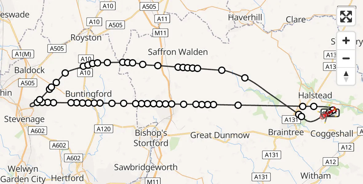 Flight route Air Ambulance Helicopter Earls Colne Airfield - Earls Colne Airfield, 14 July 2026, 14:05