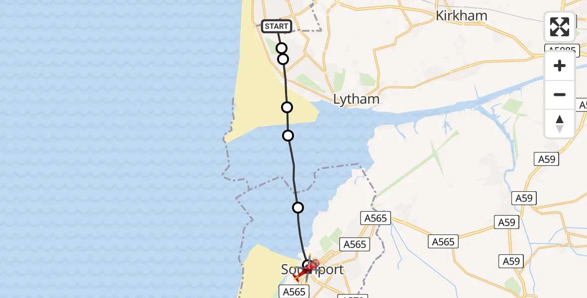 Flight route Air Ambulance Helicopter Blackpool Airport - Southport, 14 July 2026, 14:06