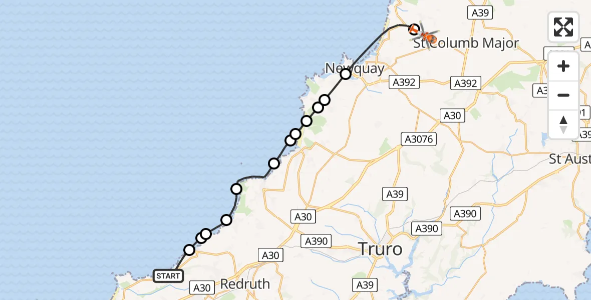 Flight route Coastguard Helicopter Camborne - Cornwall Airport Newquay, 14 July 2026, 14:14