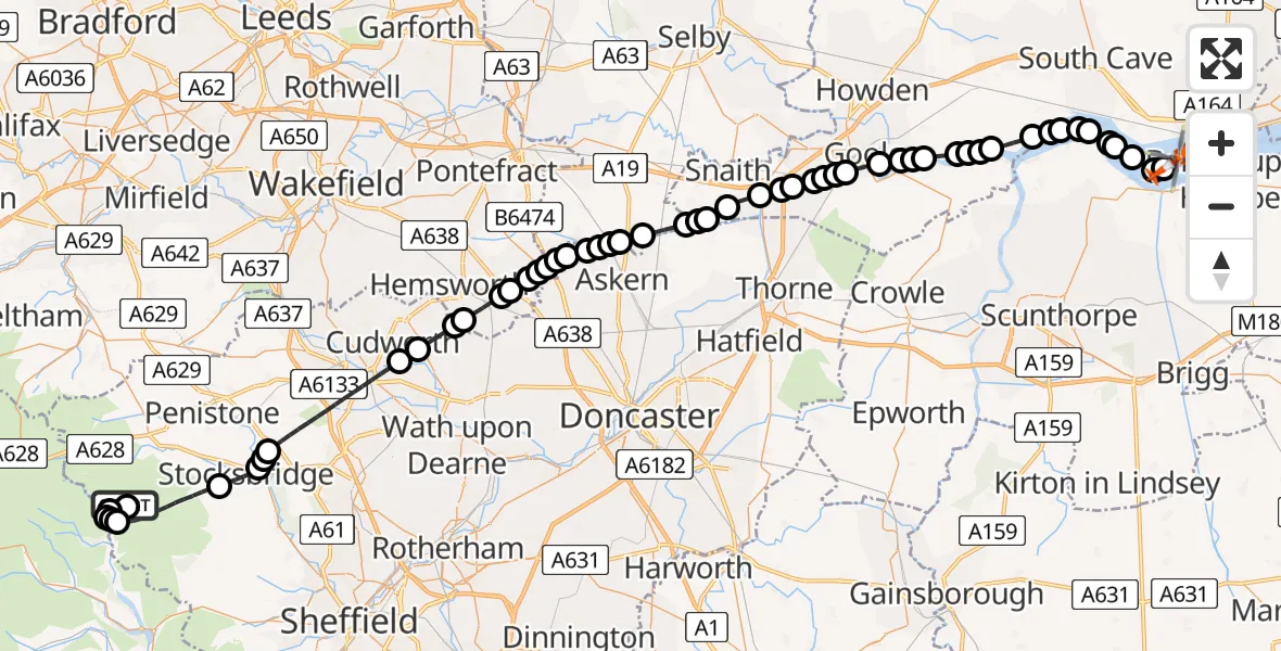 Flight route Coastguard Helicopter Bradfield - Welton, 14 July 2026, 14:17