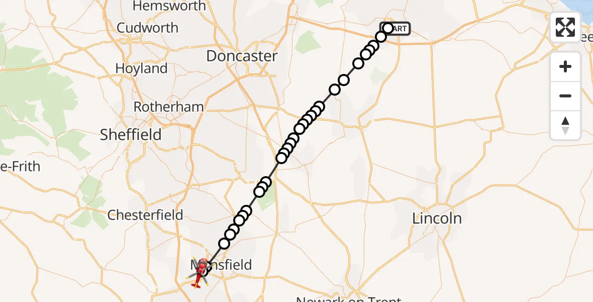 Flight route Air Ambulance Helicopter Scunthorpe - Sutton in Ashfield, 14 July 2026, 14:25