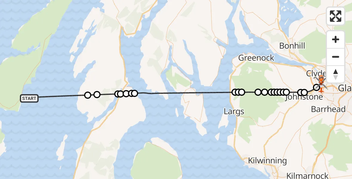 Flight route Coastguard Helicopter Inner Seas - Glasgow Airport, 14 July 2026, 14:27