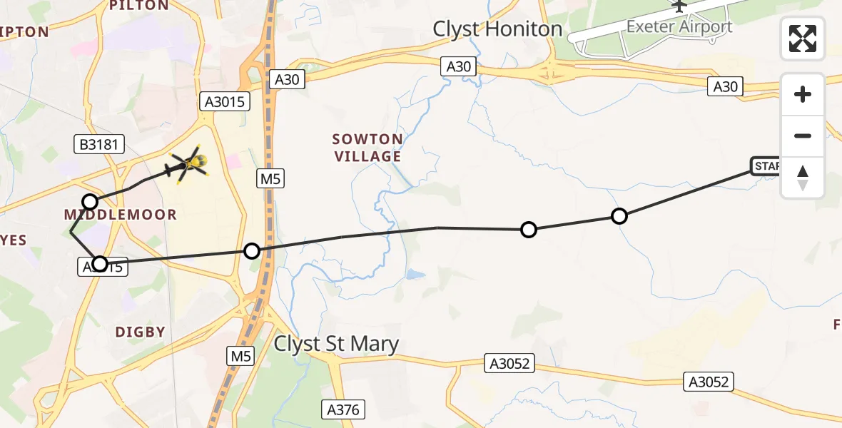 Flight route Police Helicopter East Devon - Exeter, 14 July 2026, 14:30