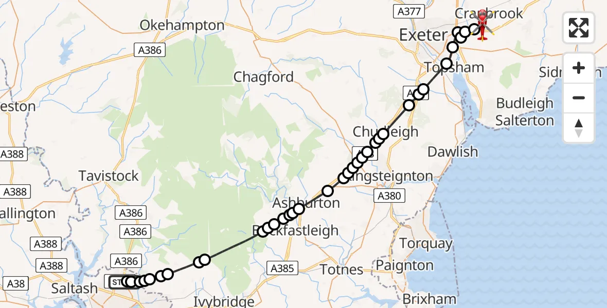 Flight route Air Ambulance Helicopter Derriford Hospital - Exeter International Airport, 14 July 2026, 14:30