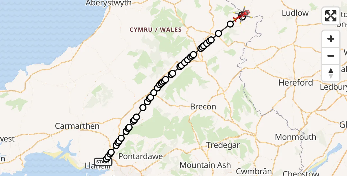 Flight route Air Ambulance Helicopter Dafen - Knucklas, 14 July 2026, 14:30
