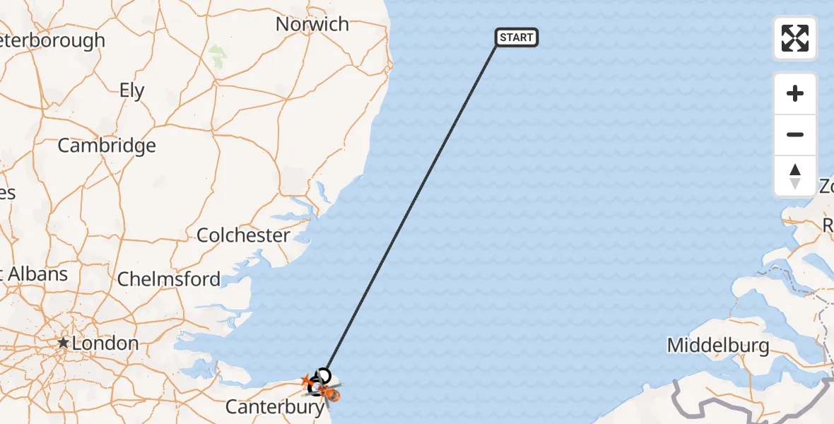 Flight route Coastguard Helicopter North Sea - Manston Airport, 14 July 2026, 14:31